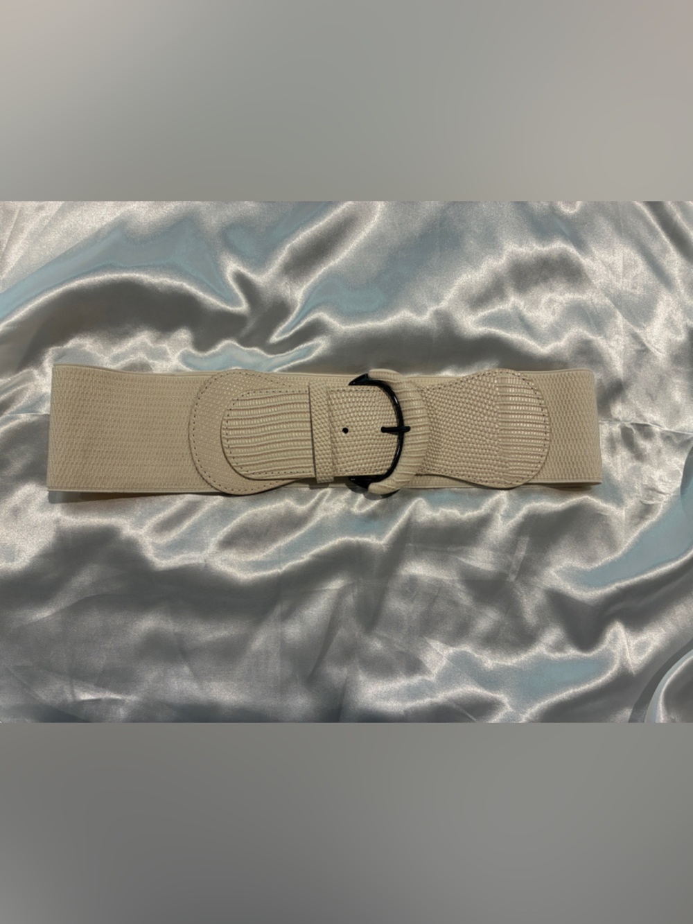 Wide Elastic Beige Waist Belt with textured Buckle
